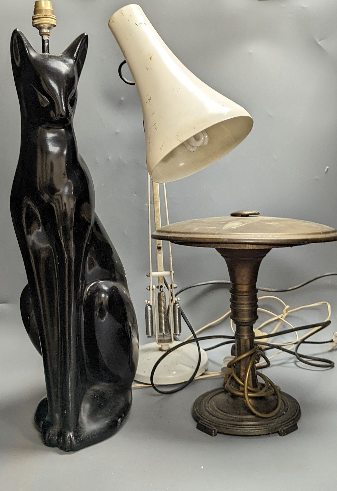 A Sunlight table lamp, Anglepoise lamp and large cat lamp
